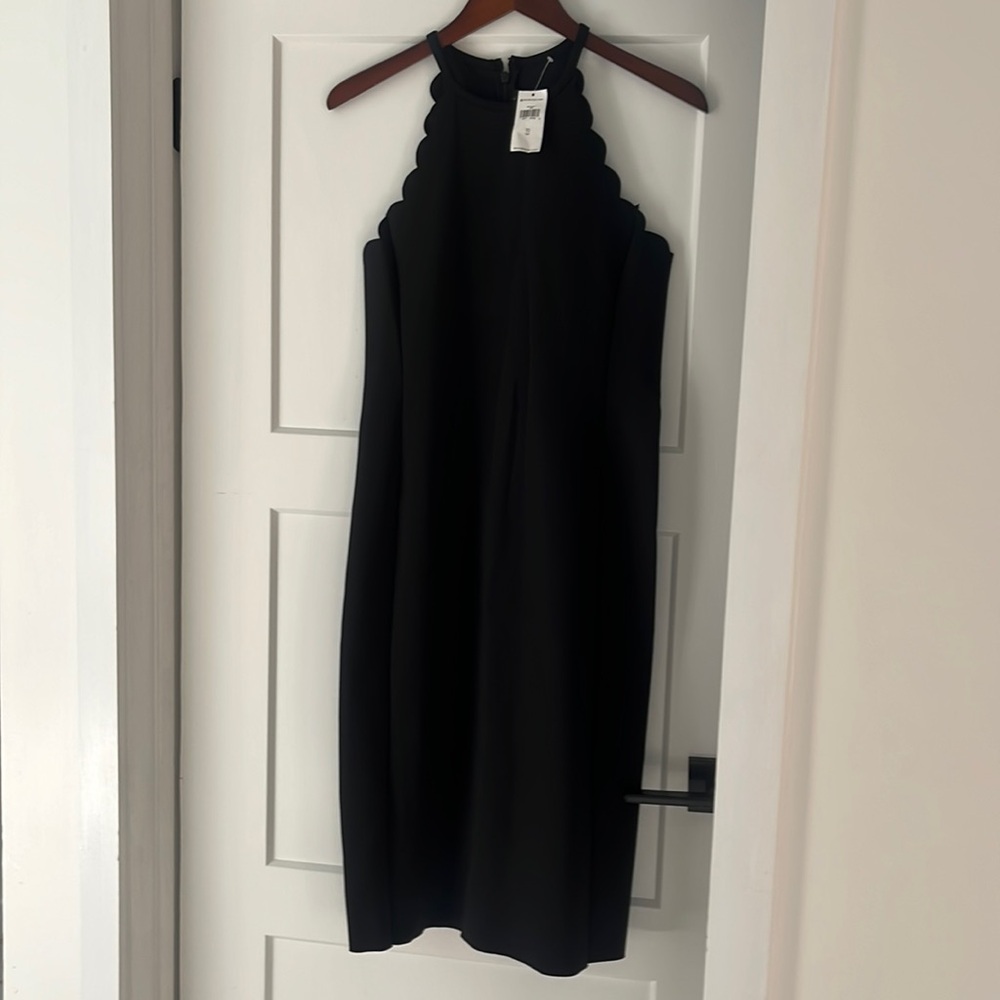 NWT Banana Republic Black Scuba Scalloped Edge Fitted Halter Midi Sheath Dress